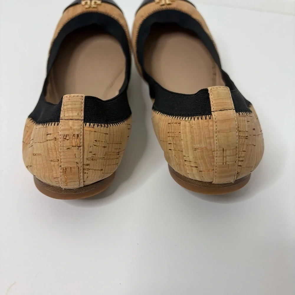 Tory Burch Black and Natural Cork Cap-Toe Ballet Flats